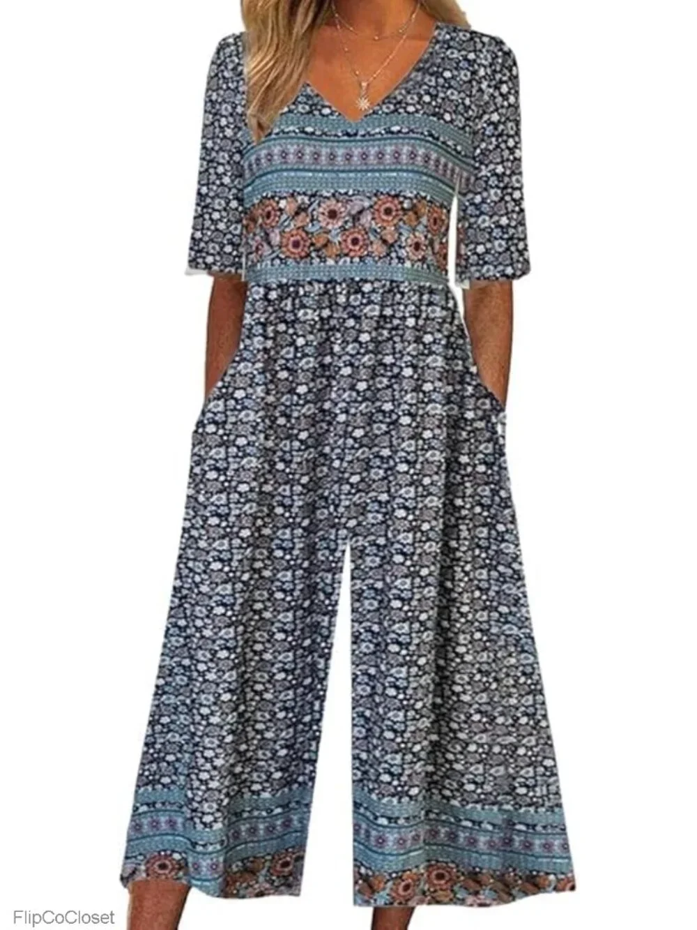 Women's Boho Floral Short Sleeve V-Neck Wide Leg Jumpsuit